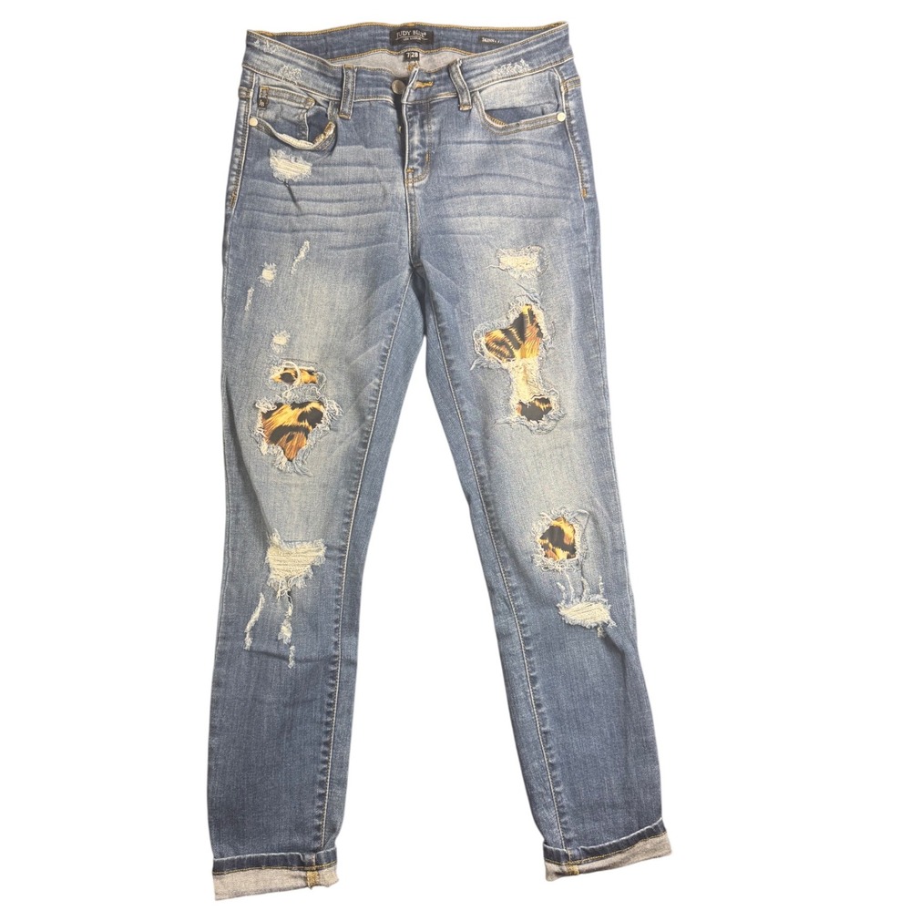 Judy Blue Denim Jeans Distressed Leopard Patch Skinny Ankle Women's 7/28 Stretch